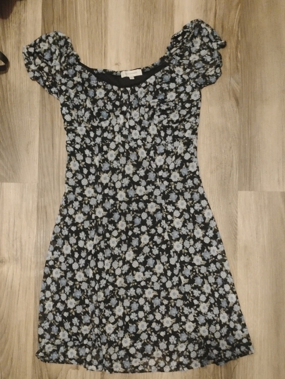 Black Floral Short Sleeve Dress with Blue Blossoms